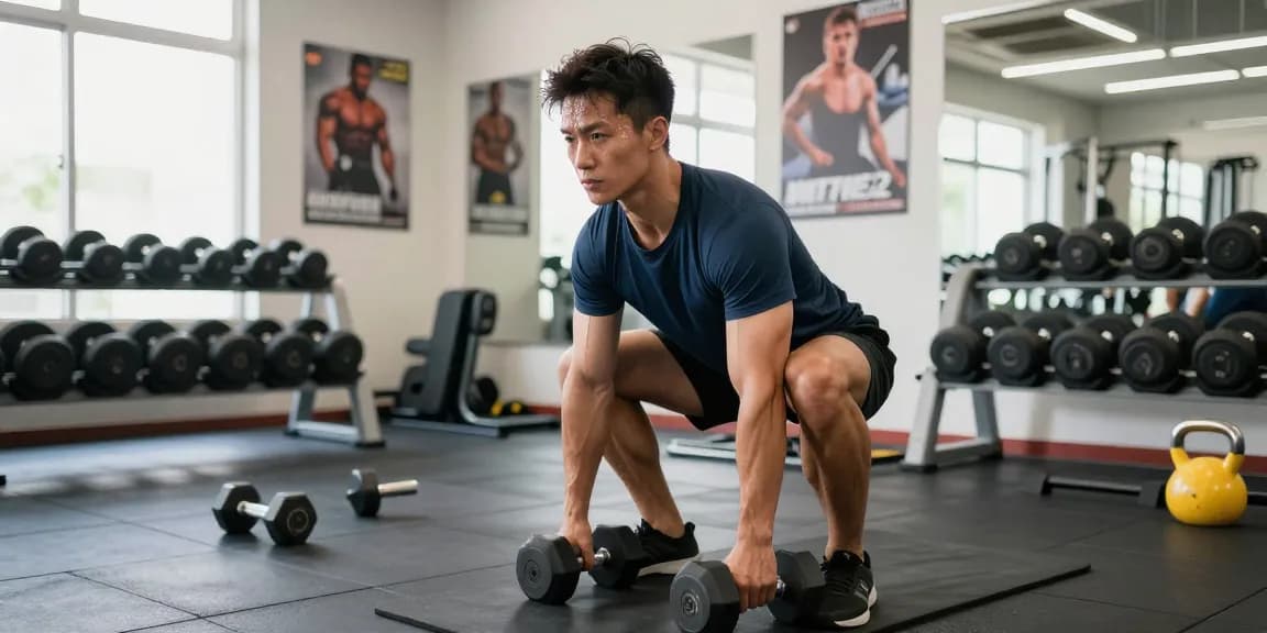 Aktiver Körperbauer im Anabolikashop beim Training mit Gewichten, motivierte Atmosphäre im modernen Fitnessstudio.