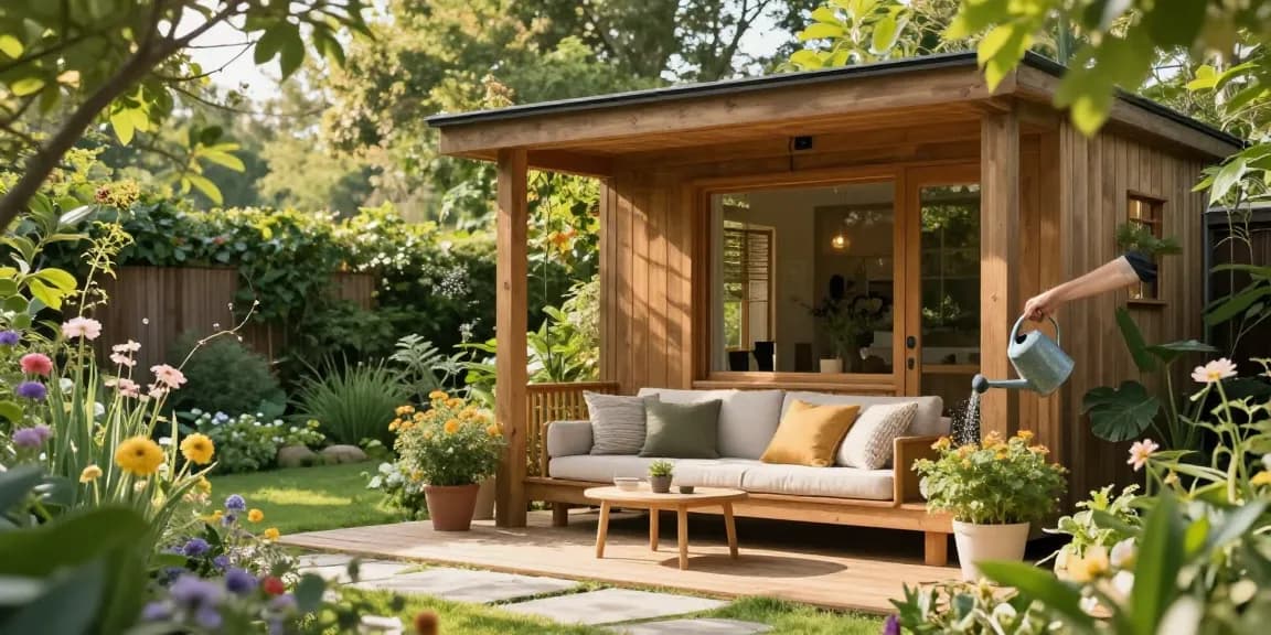 Modernes Gartenhaus umgeben von blühenden Pflanzen mit gemütlicher Sitzecke.