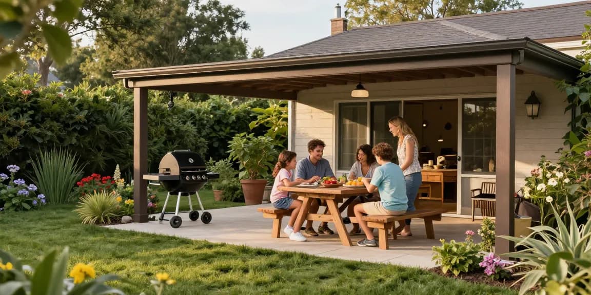 Freistehende Terrassenüberdachung bietet Schutz für Familienfeiern im Freien.