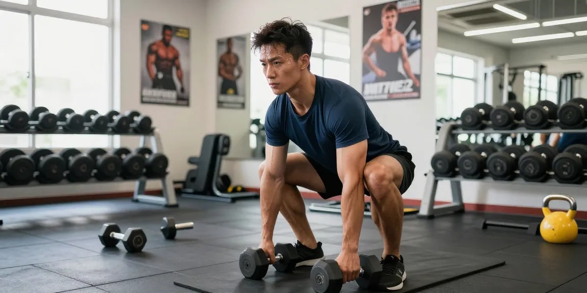 Aktiver Körperbauer im Anabolikashop beim Training mit Gewichten, motivierte Atmosphäre im modernen Fitnessstudio.