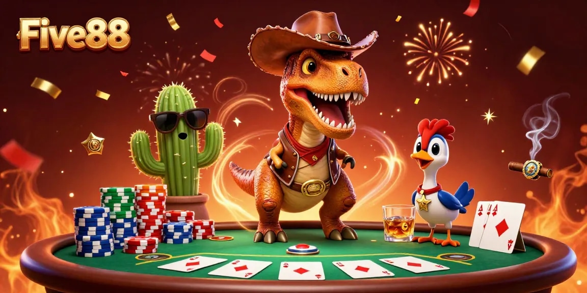 Five88 stands out with a lively poker scene featuring a dinosaur, cactus, and roadrunner.