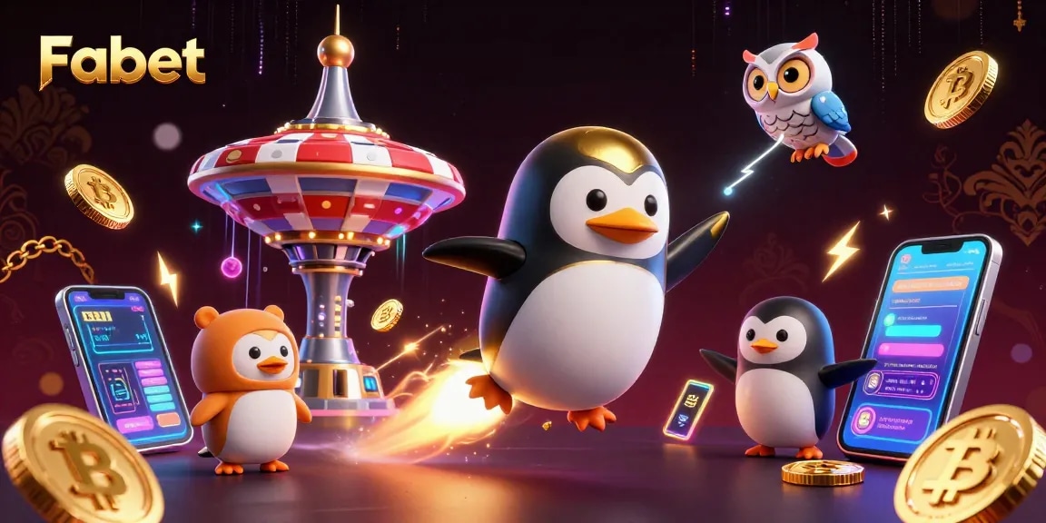 Spot Fabet's golden penguin flying towards a vibrant casino-themed space station.