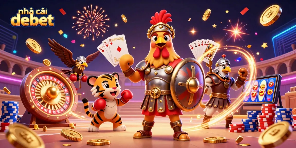 Experience the excitement of nhà cái Debet with dynamic casino elements in a vibrant 3D illustration.