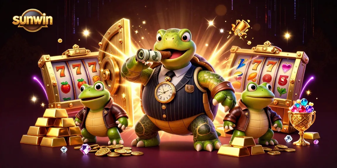 Experience thrilling wins with sunwin's massive snapping turtle mobster amidst jewels and slot reels.