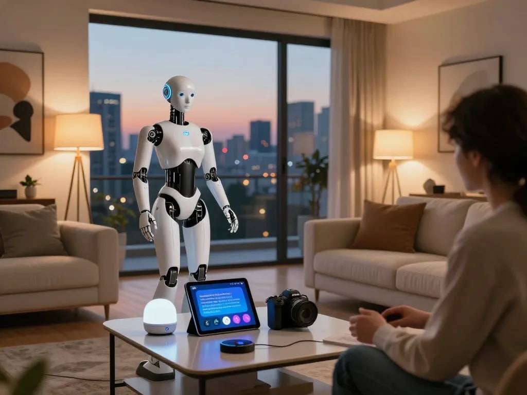 Individual enjoying interaction with a lifelike sex bot in a modern living room setting.