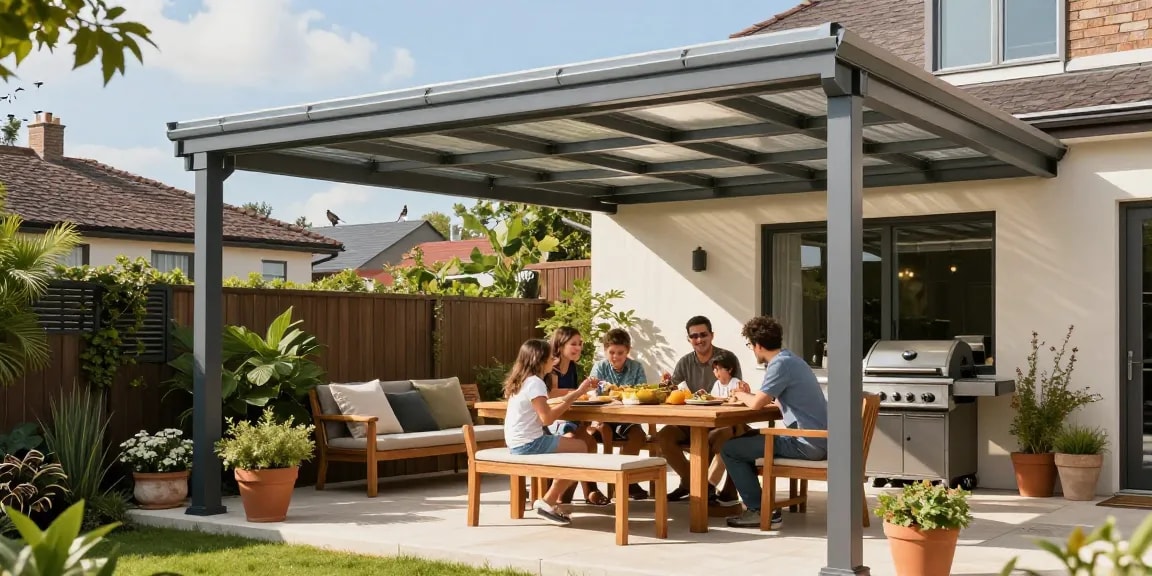 Moderne Terrassenüberdachung mit Familie, die den sonnigen Tag im Freien genießt.