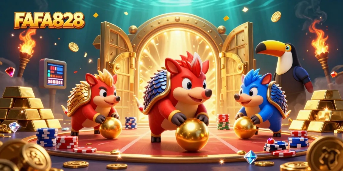 FAFA828 showcases rival pangolins rolling through poker chips in an exciting casino scene, lit with gold.