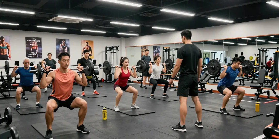 Medi Pharma Steroid Shop: Fitness-Enthusiasten trainieren in modernem Studio mit Gewichten und motivierendem Trainer.