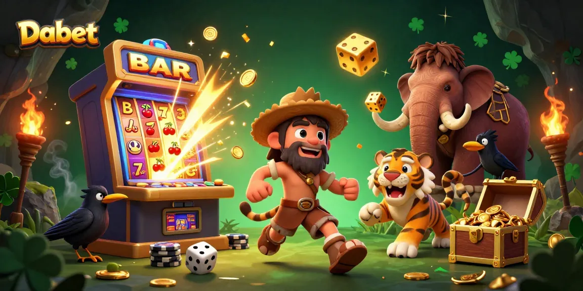 Dabet showcases a lively prehistoric casino scene with cavemen, slot machines, and scattering gold.