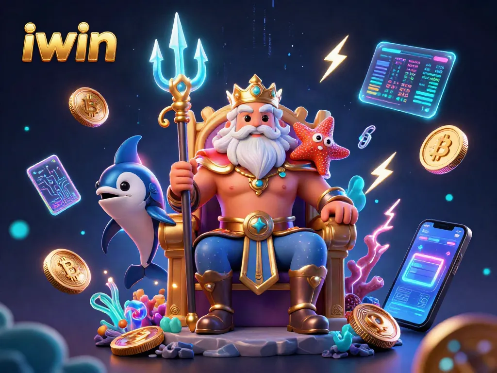 iwin casino game illustration featuring sea king Neptune and cryptocurrency elements.
