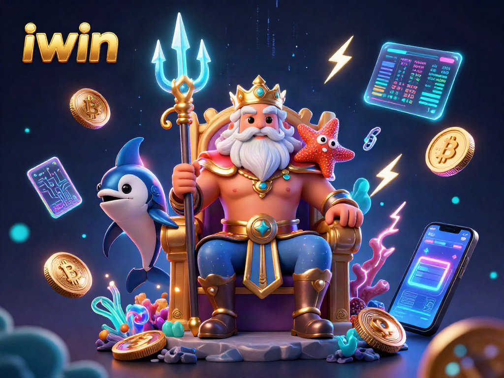 iwin casino game illustration featuring sea king Neptune and cryptocurrency elements.