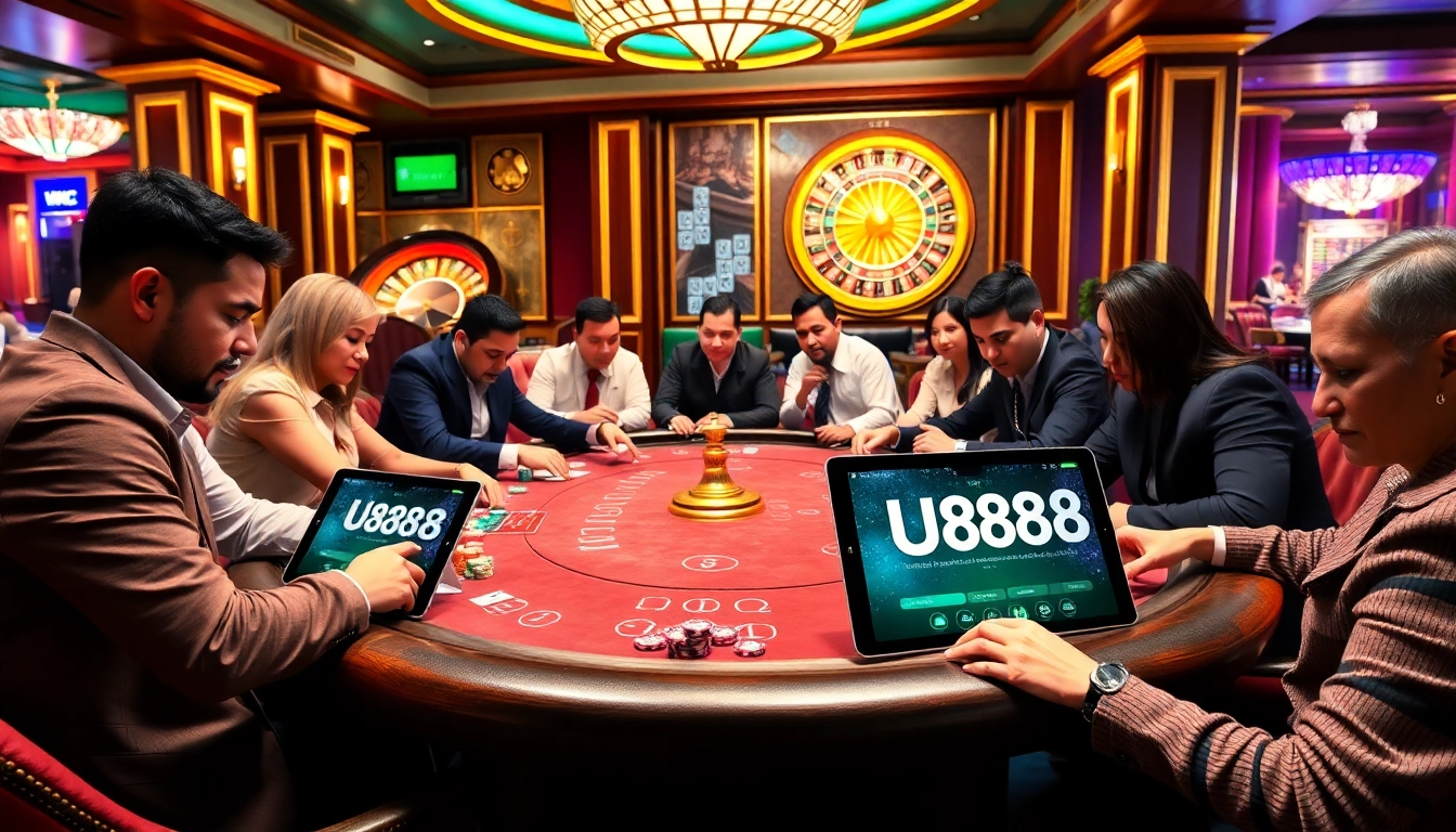 Players enjoying an intense poker game at the U8888 casino, showcasing excitement and strategic betting.