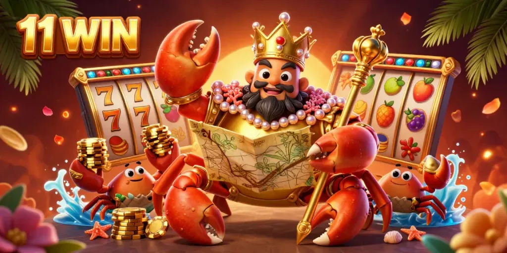 Experience thrilling slot adventures at 11 WIN with a lively golden crab emperor and vibrant casino elements.