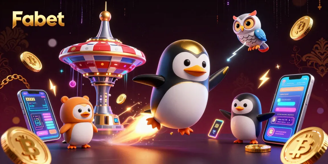 Spot Fabet's golden penguin flying towards a vibrant casino-themed space station.