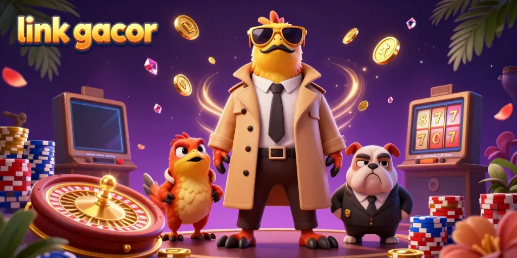 Experience excitement with link gacor in a vibrant casino scene featuring raptors and sparkling gems.