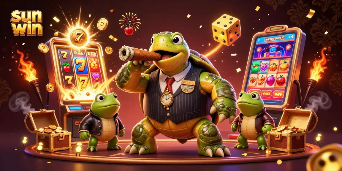 Engage with the sun win online casino experience featuring a dynamic 3D scene of a snapping turtle and bullfrog characters.