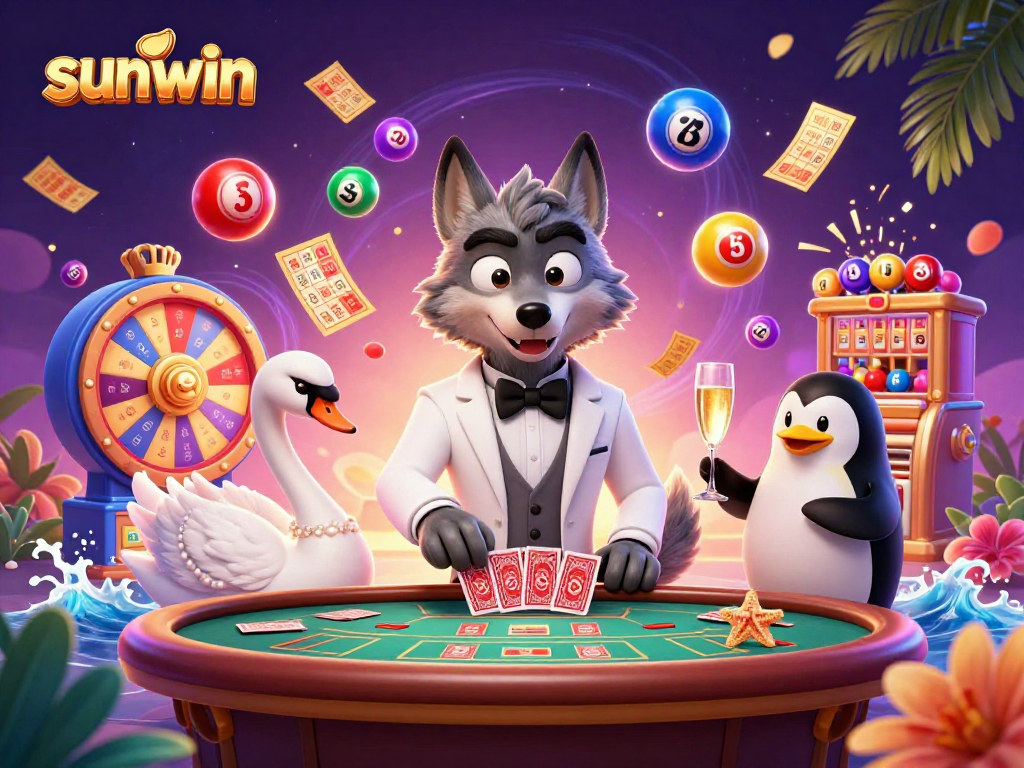 Experience the excitement of sunwin with a vibrant casino scene featuring animated characters and dynamic gambling elements.