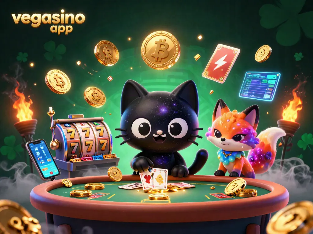 Engage with the vibrant vegasino app visual featuring a cosmic cat and fox in a casino.