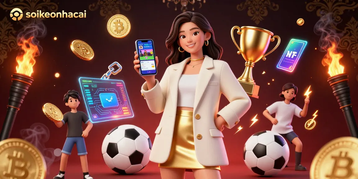 Sublime soikeonhacai sports betting scene showcasing a friendly Asian woman with a smartphone and dynamic game elements.