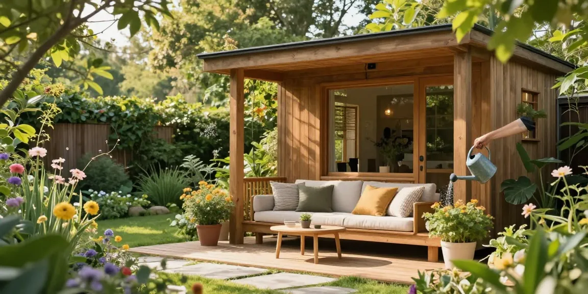Modernes Gartenhaus umgeben von blühenden Pflanzen mit gemütlicher Sitzecke.