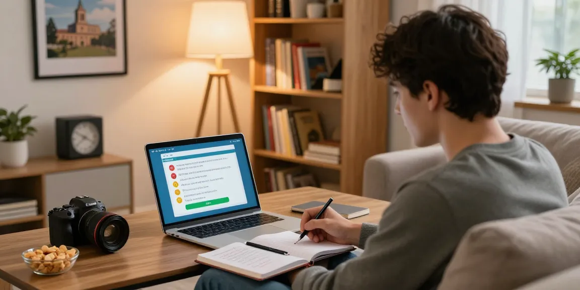 Quiz Allgemeinwissen in entspannender Wohnzimmeratmosphäre mit Laptop und Snacks.