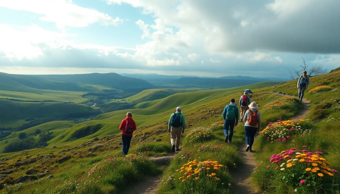 Wanderreise Irland: Gruppenwanderung durch die grünen Hügel Irlands mit farbenfrohen Wildblumen.