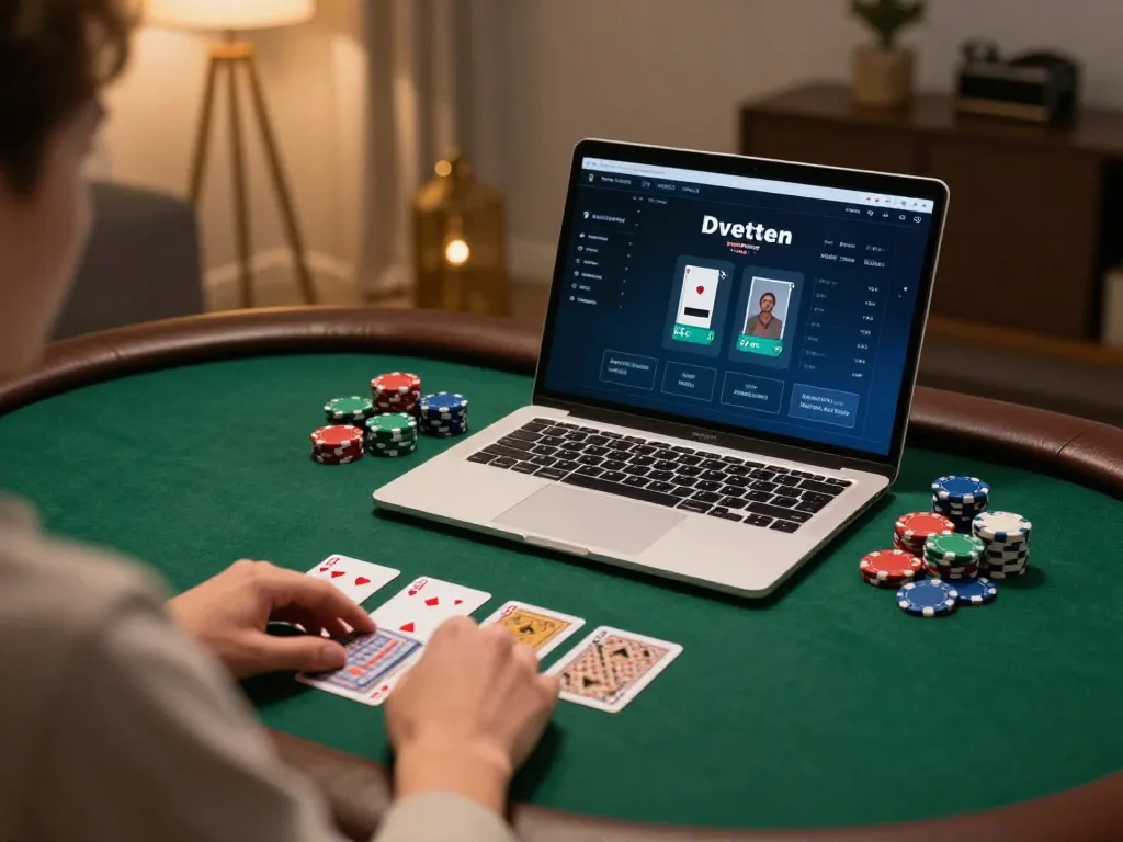 Player enjoying high-stakes poker on Hz88's online platform with strategic focus and cozy ambiance.