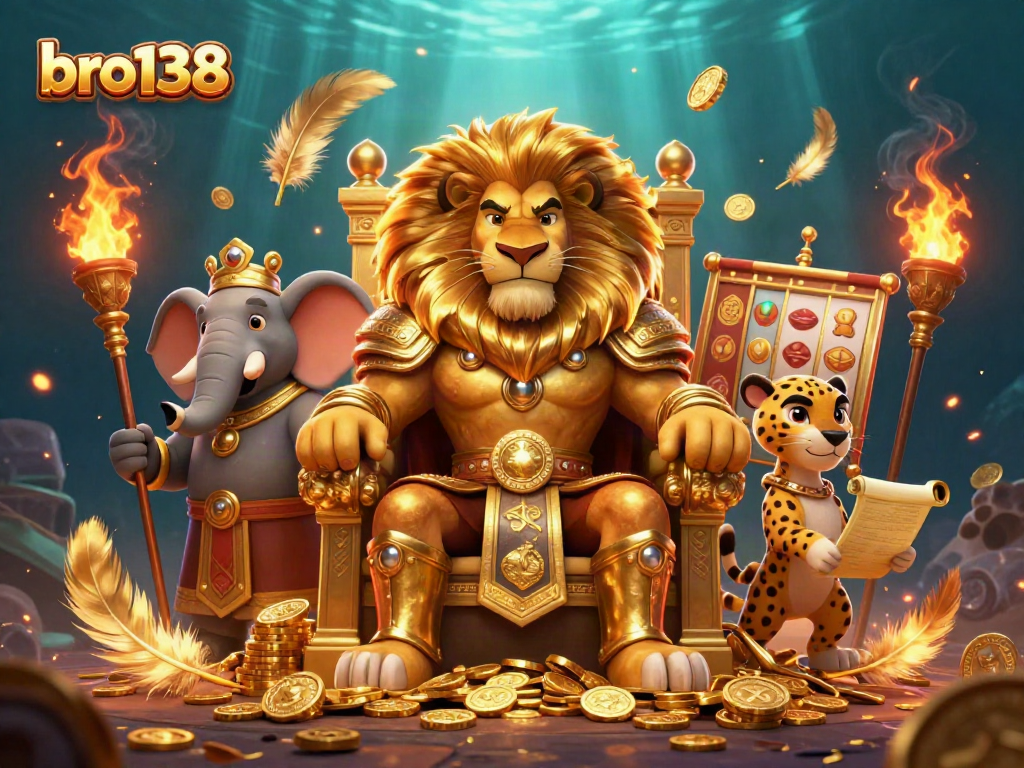 Win big with bro138 in this vibrant 3D casino scene featuring a lion king, elephant advisor, and cheetah messenger.