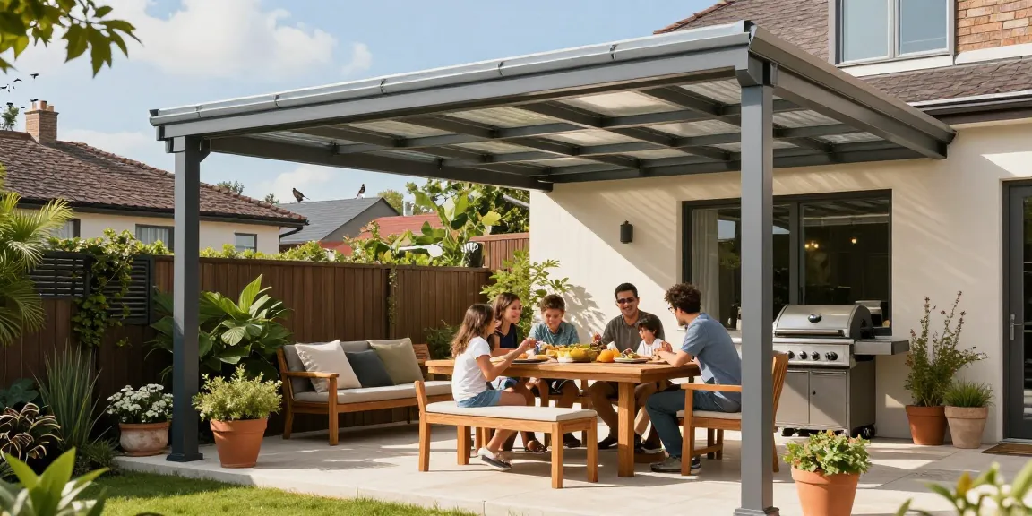 Moderne Terrassenüberdachung mit Familie, die den sonnigen Tag im Freien genießt.