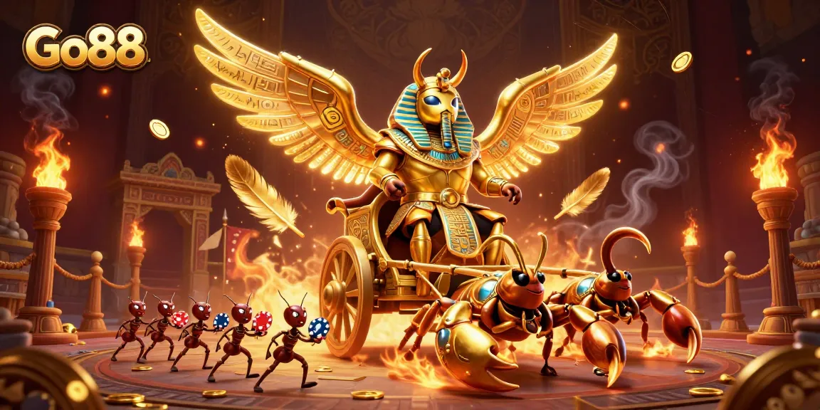 Experience Go88, where a colossal golden scarab beetle in armor leads a dynamic casino adventure with vibrant elements.