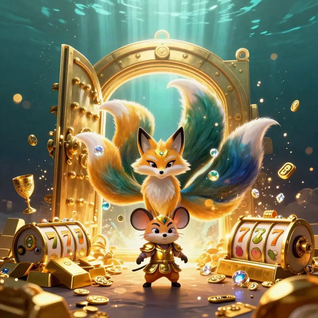 Neunschwänziger Fuchsgeist mit Samurai-Maus vor strahlendem Schatzgewölbe, Gold und Funkeln