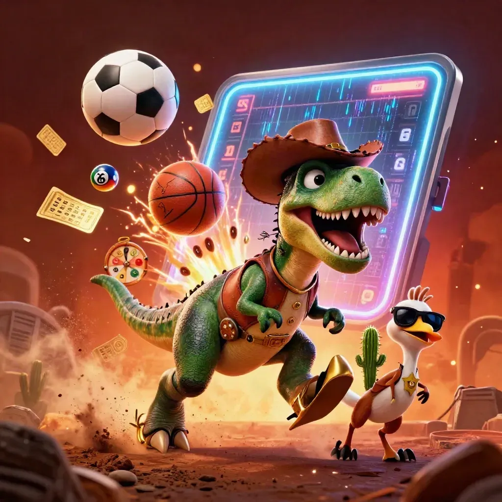 Cowboy-T-Rex, Kaktus und Roadrunner um eine fliegende Fußballkugel mit Casino-Effekten.