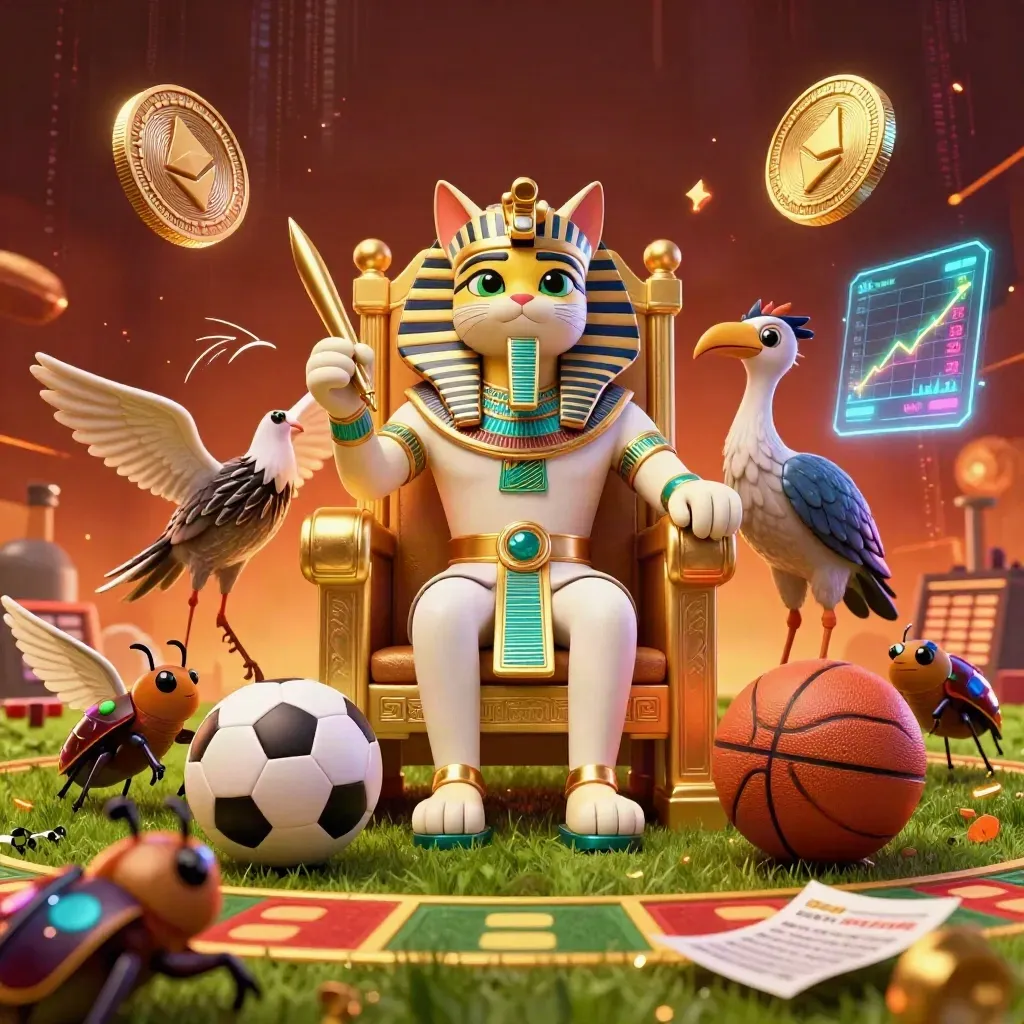 Pharao-Katze auf Goldthron, Ibis und Skarabäen mit Krypto-Elementen und Sportbällen.