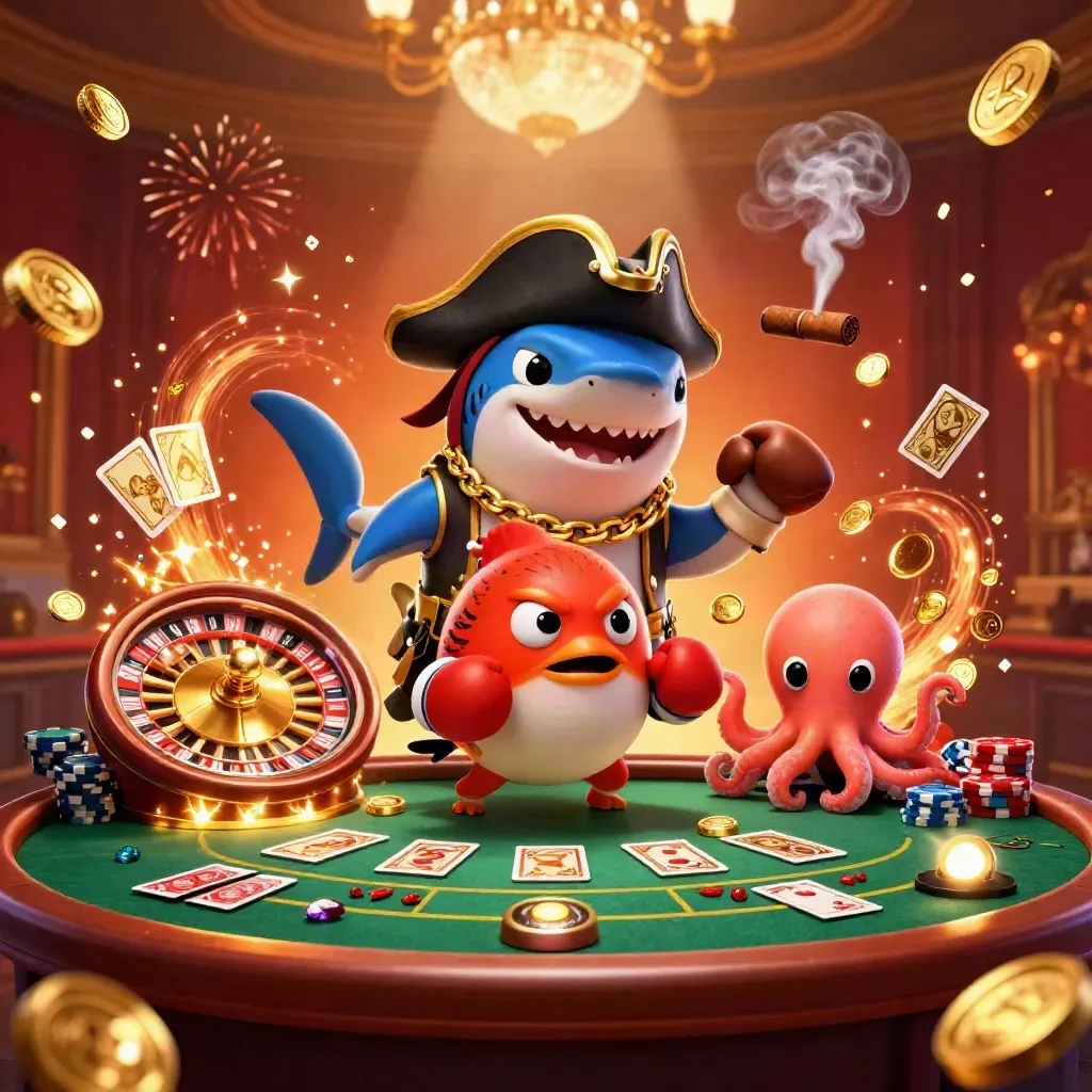 Piratenhai, roter Kugelfisch und Baby-Oktopus im glitzernden Casino mit Goldmünzen und Roulette