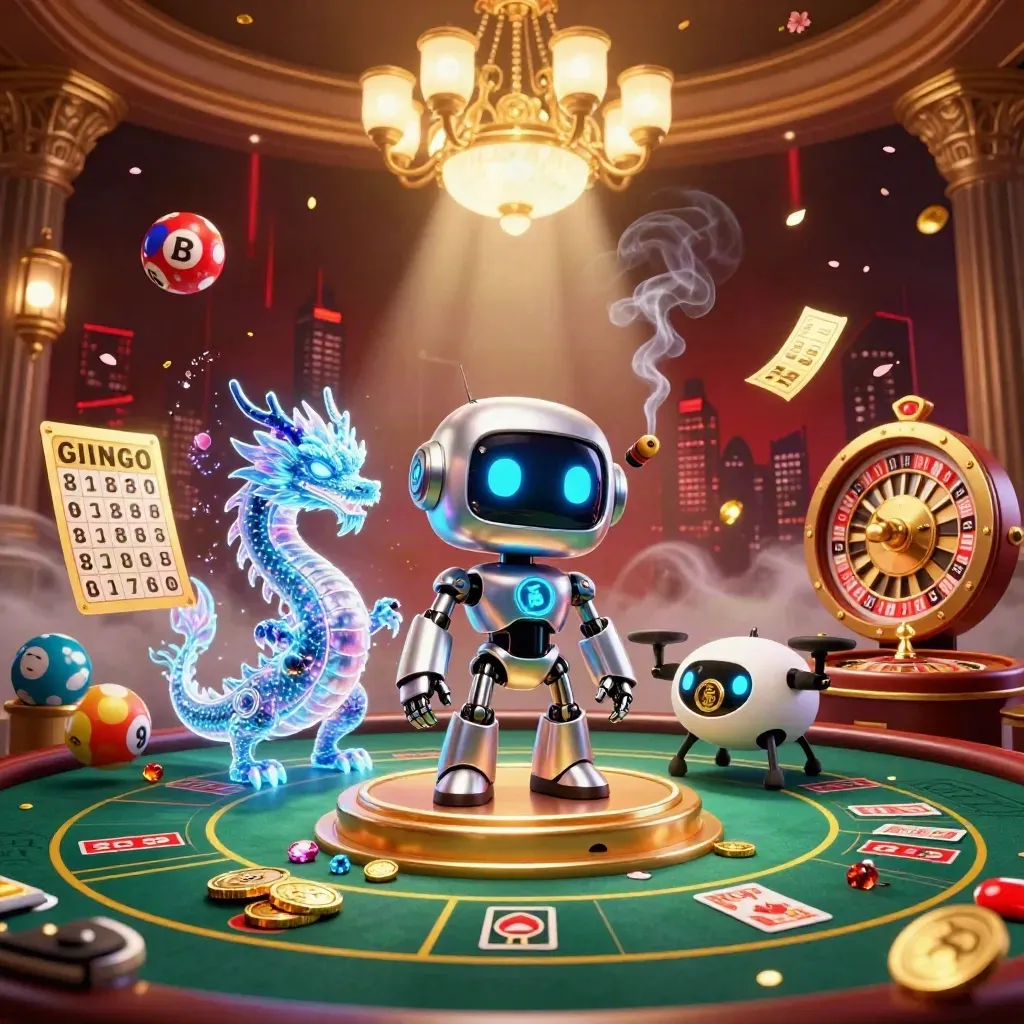 Cyberpunk-Roboter, Hologramm-Drache und Drohne in einer luxuriösen Casino-Szene.