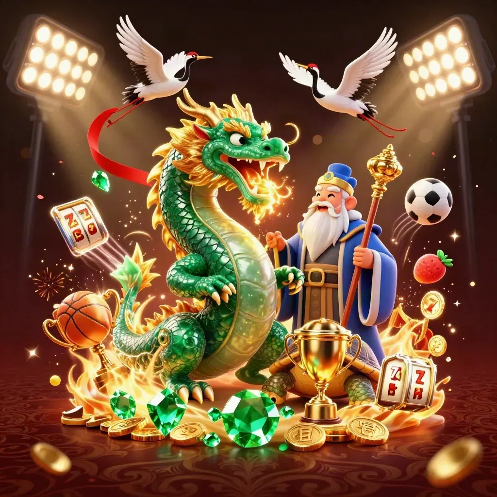 Smaragdgrüner Drache, Schildkrötenweise und Kraniche mit Gold, Funken und Edelsteinen
