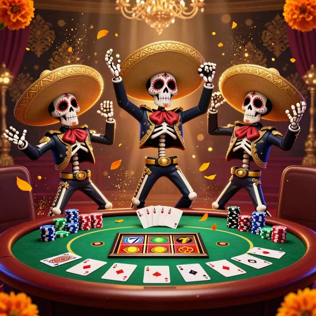 Drei Mariachi-Skelette spielen im Goldglanz, umgeben von Pokerchips, Karten und Funken.