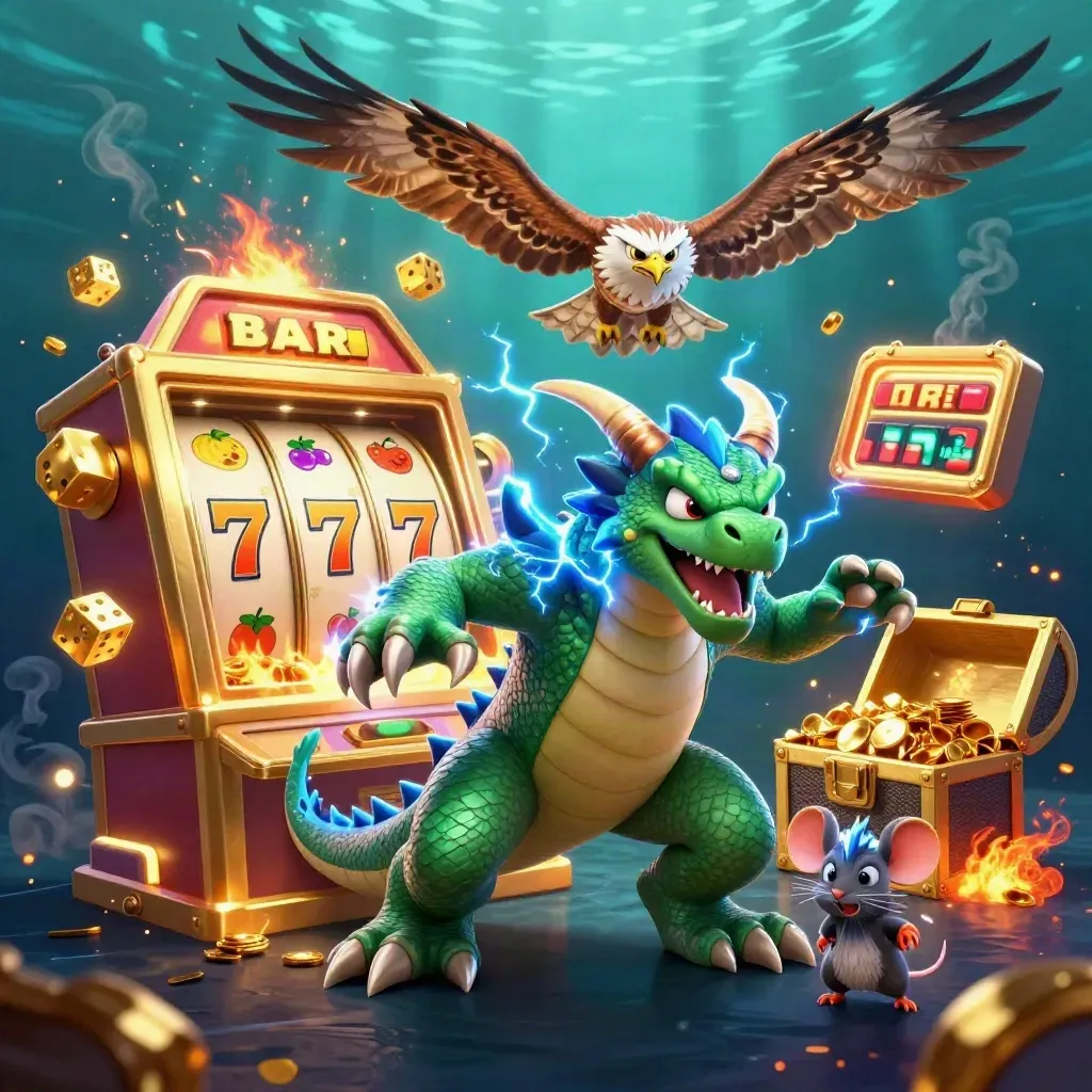 Drachen, Windvogel und Blitzmaus vor Spielautomat, Gold und Würfeln im Unterwasser-Look.
