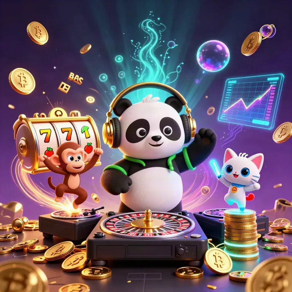 3D-Panda-DJ, tanzender Affe und leuchtendes Kätzchen in goldener Casino-Explosion.