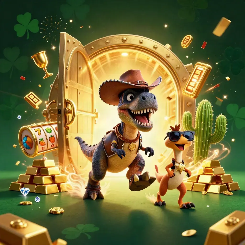 Drei Cartoon-Helden vor geöffnetem Goldtresor, mit Münzen, Würfeln und Casino-Glanz.