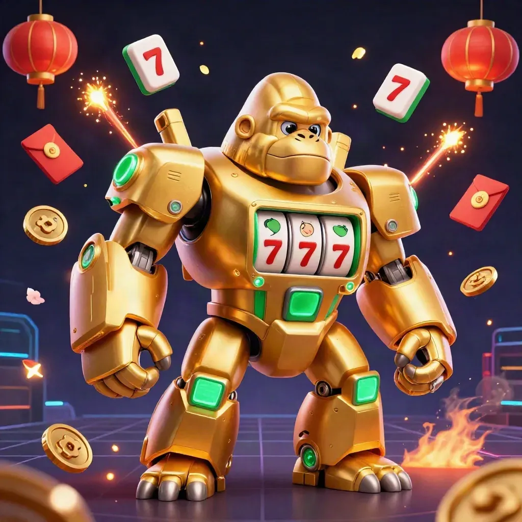 Goldener Gorilla-Mech mit Affenpilot, Slot-Reels und Glückssymbolen vor dunklem Neonhintergrund.