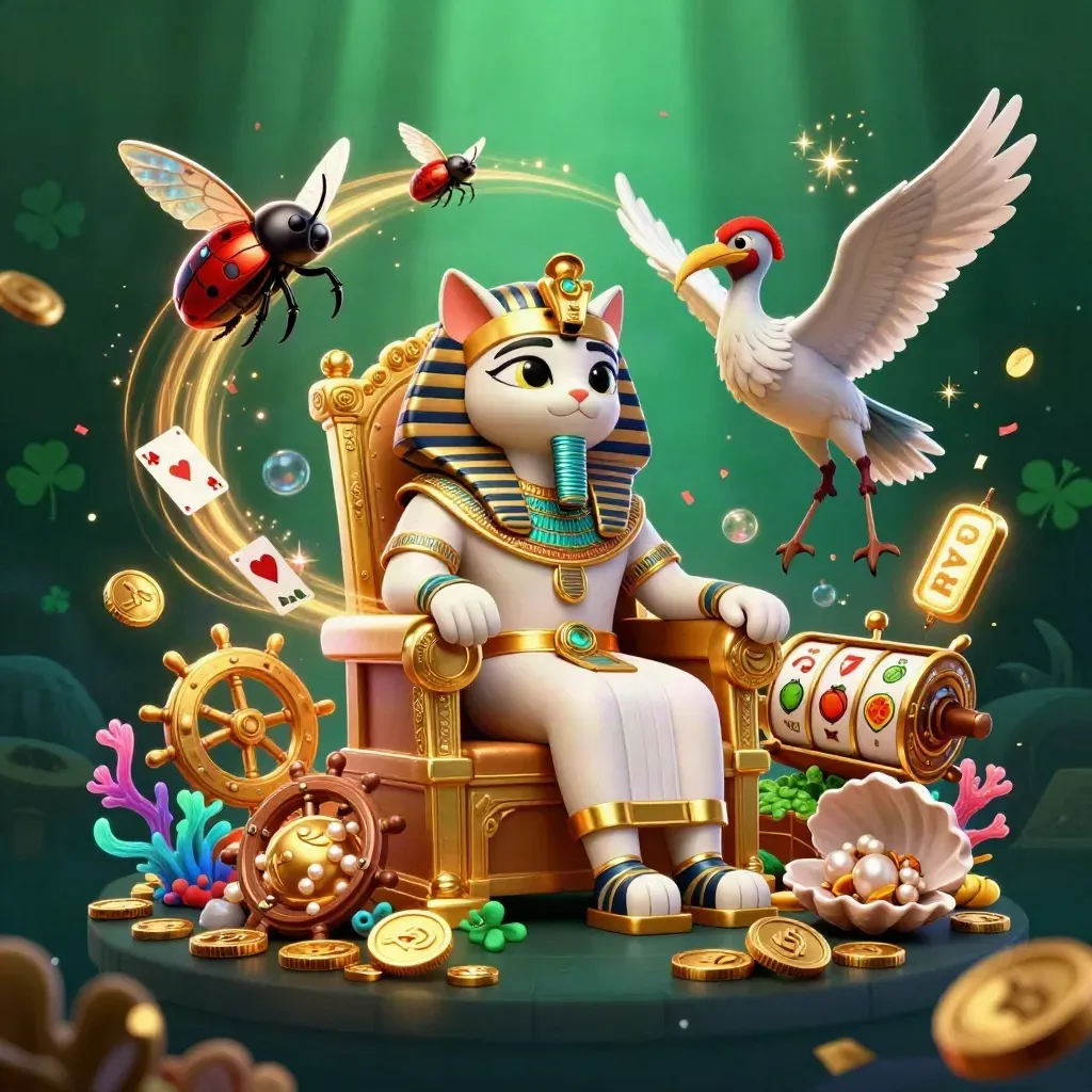 Pharao-Katze, Ibis und Juwel-Skarabäen vor Gold, Korallen und Glücksfunken