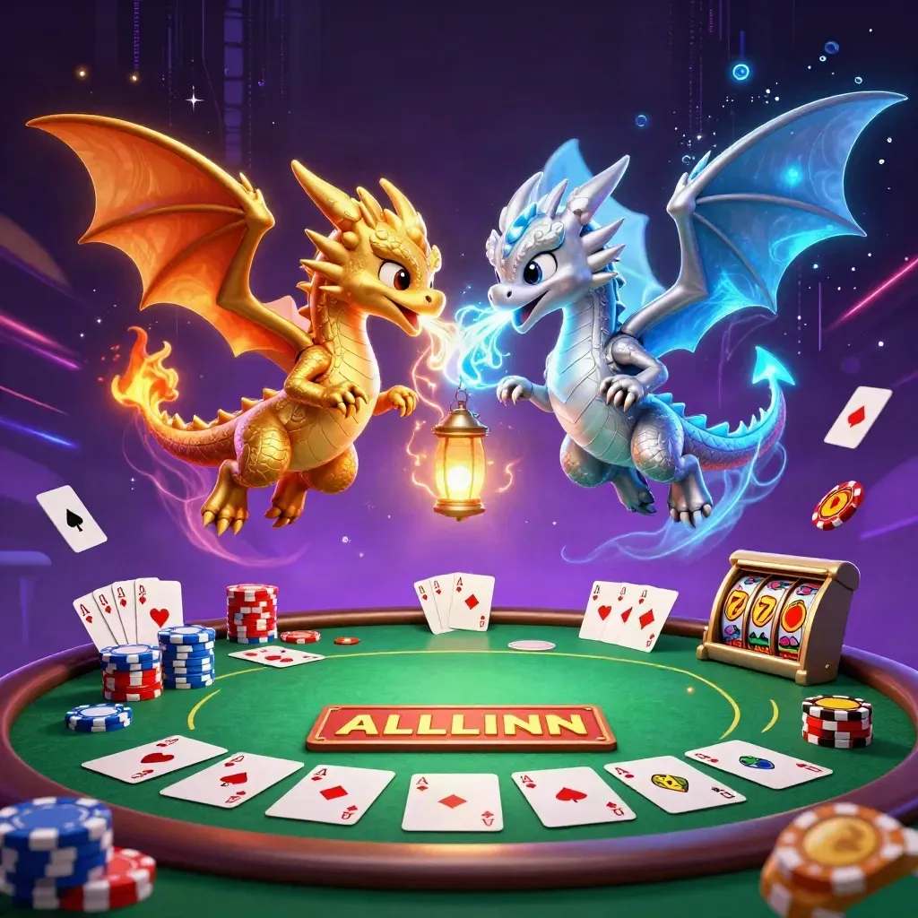 Zwei Drachen mit Karten, Chips und Magie vor dunklem Neonhimmel.