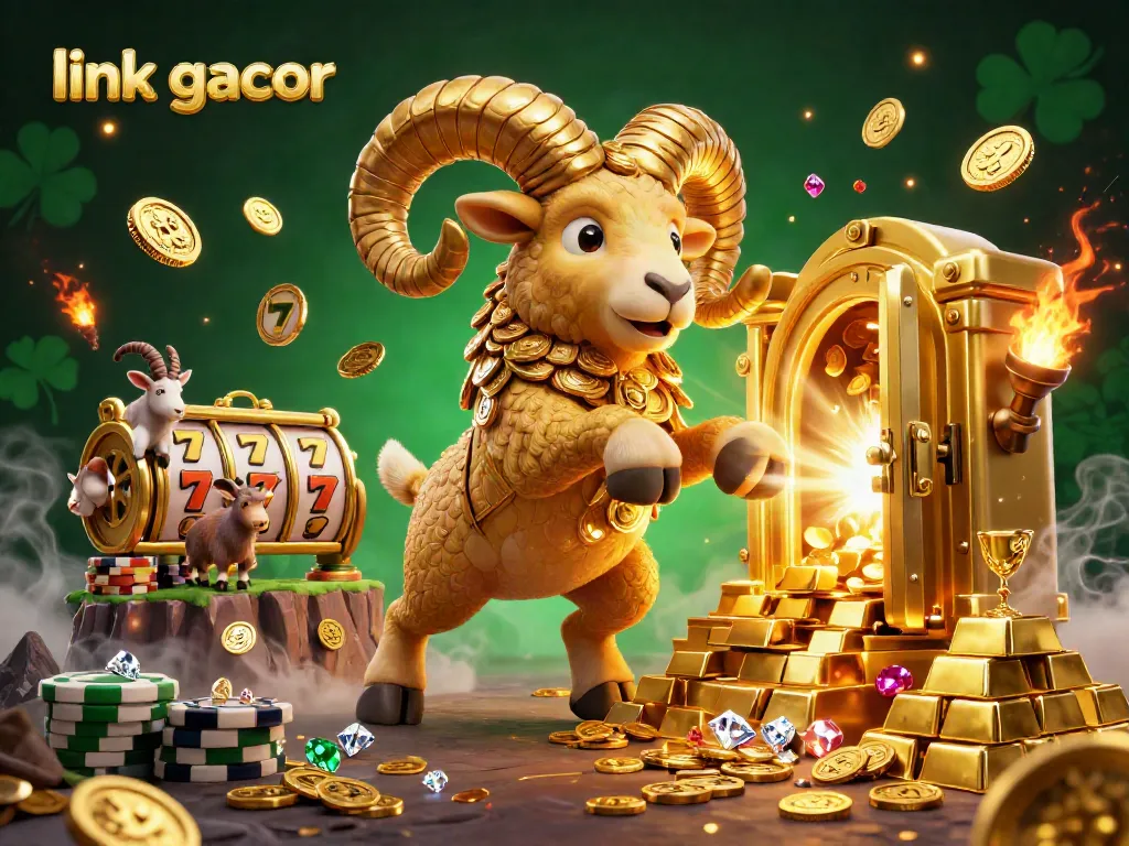 Experience thrilling jackpots with 'link gacor' in this dynamic casino illustration showcasing slot reels and golden treasures.