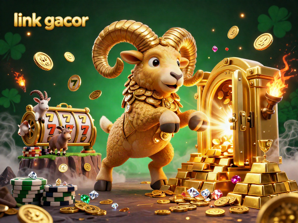 Experience thrilling jackpots with 'link gacor' in this dynamic casino illustration showcasing slot reels and golden treasures.