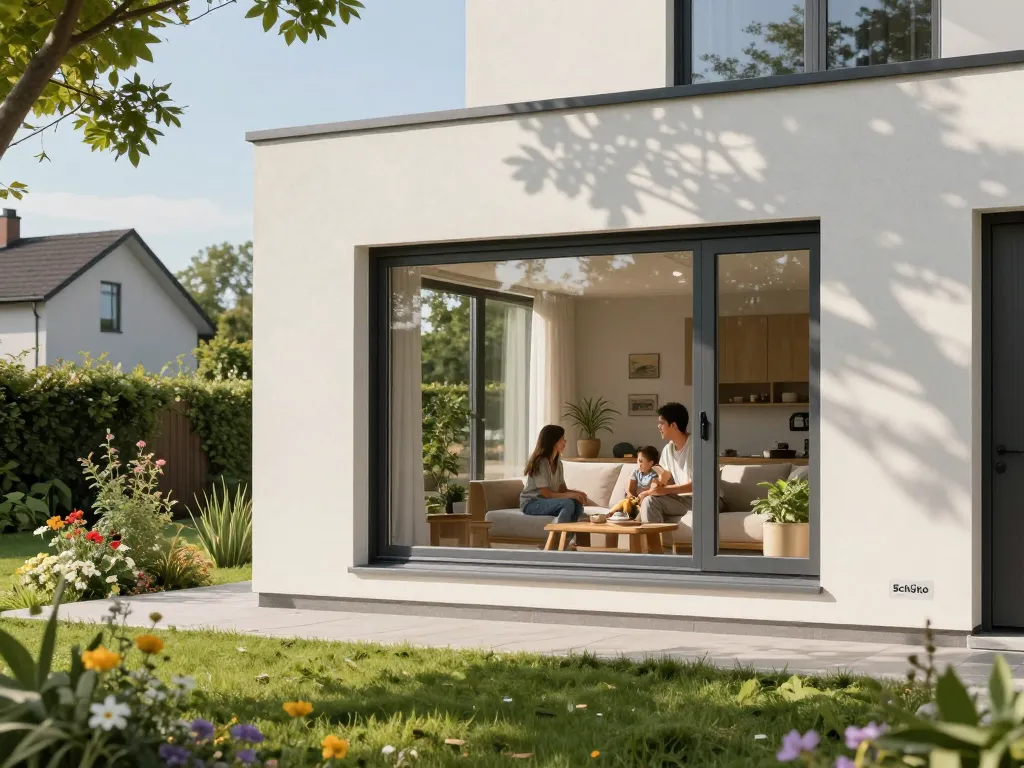 Schönes Zuhause mit Fenster Schüco Fenstern, das Energieeffizienz und modernes Design zeigt.