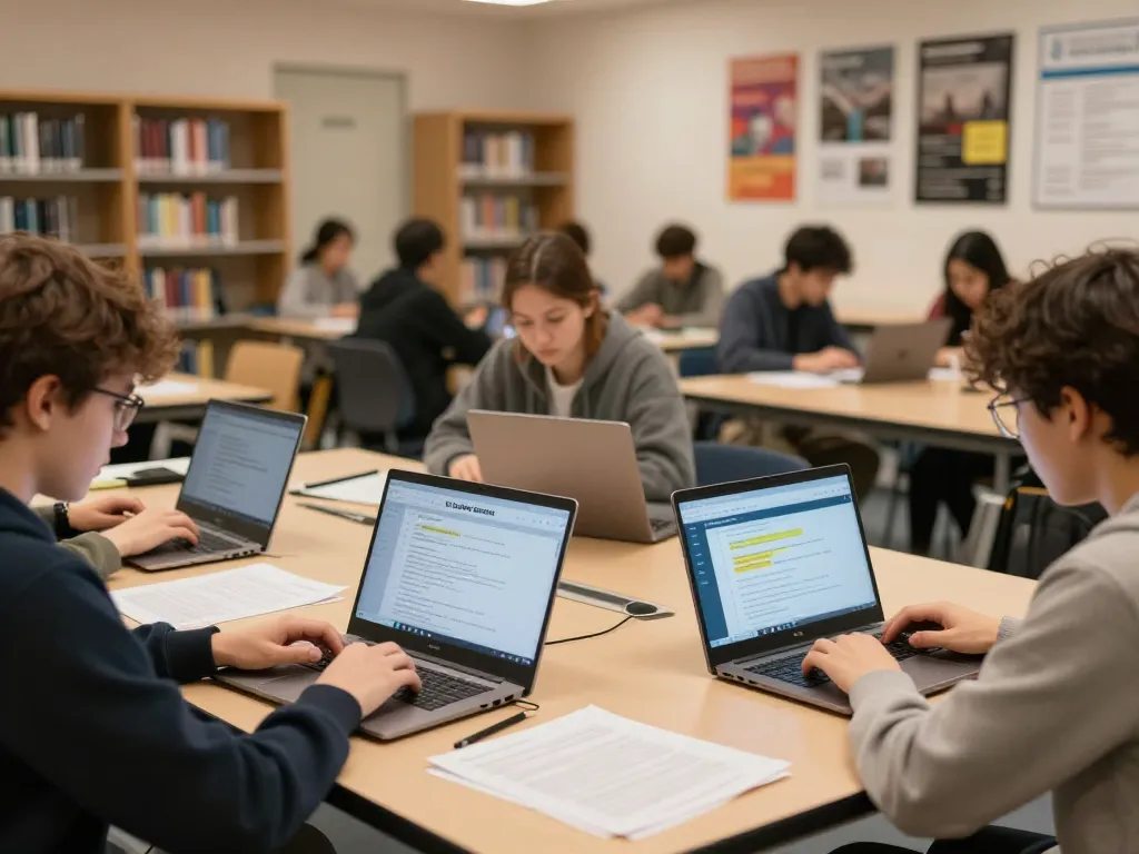 Students analyzing their written texts using the KI Detektor deutsch for academic integrity in a university setting.