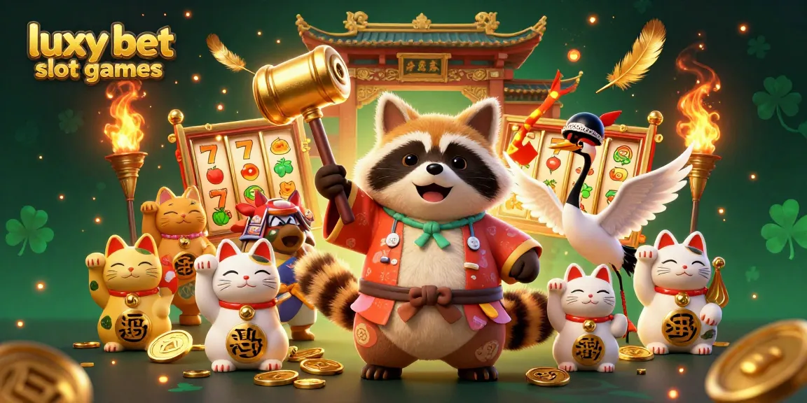Engage with luxy bet slot games through vibrant tanuki and crane characters in a dynamic casino scene.