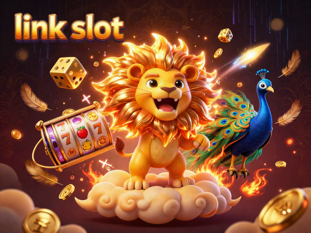 Spin the winning reels at link slot with a vibrant 3D animated scene featuring golden dice and symbols.
