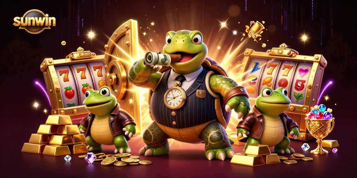 Experience thrilling wins with sunwin's massive snapping turtle mobster amidst jewels and slot reels.